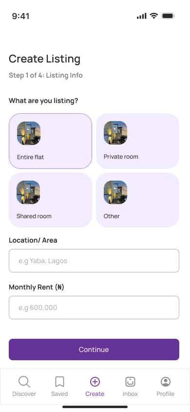 Bunkie create listing screen