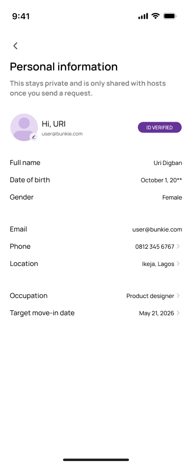 Bunkie personal information screen