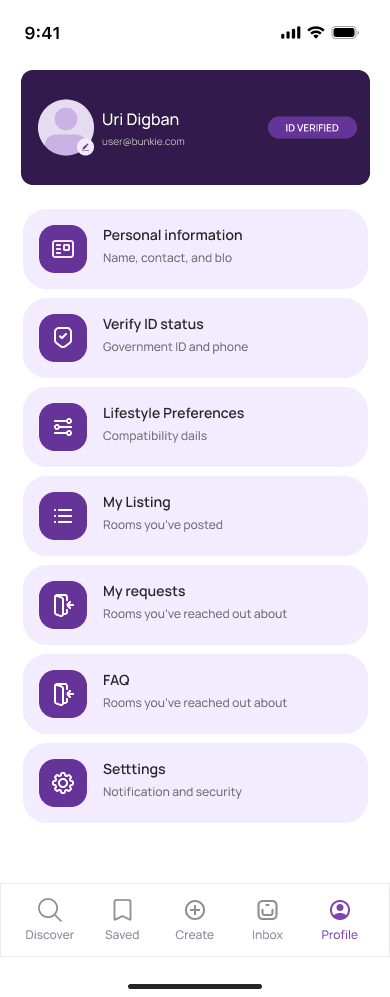 Bunkie profile screen