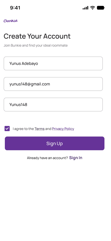 Bunkie sign up screen