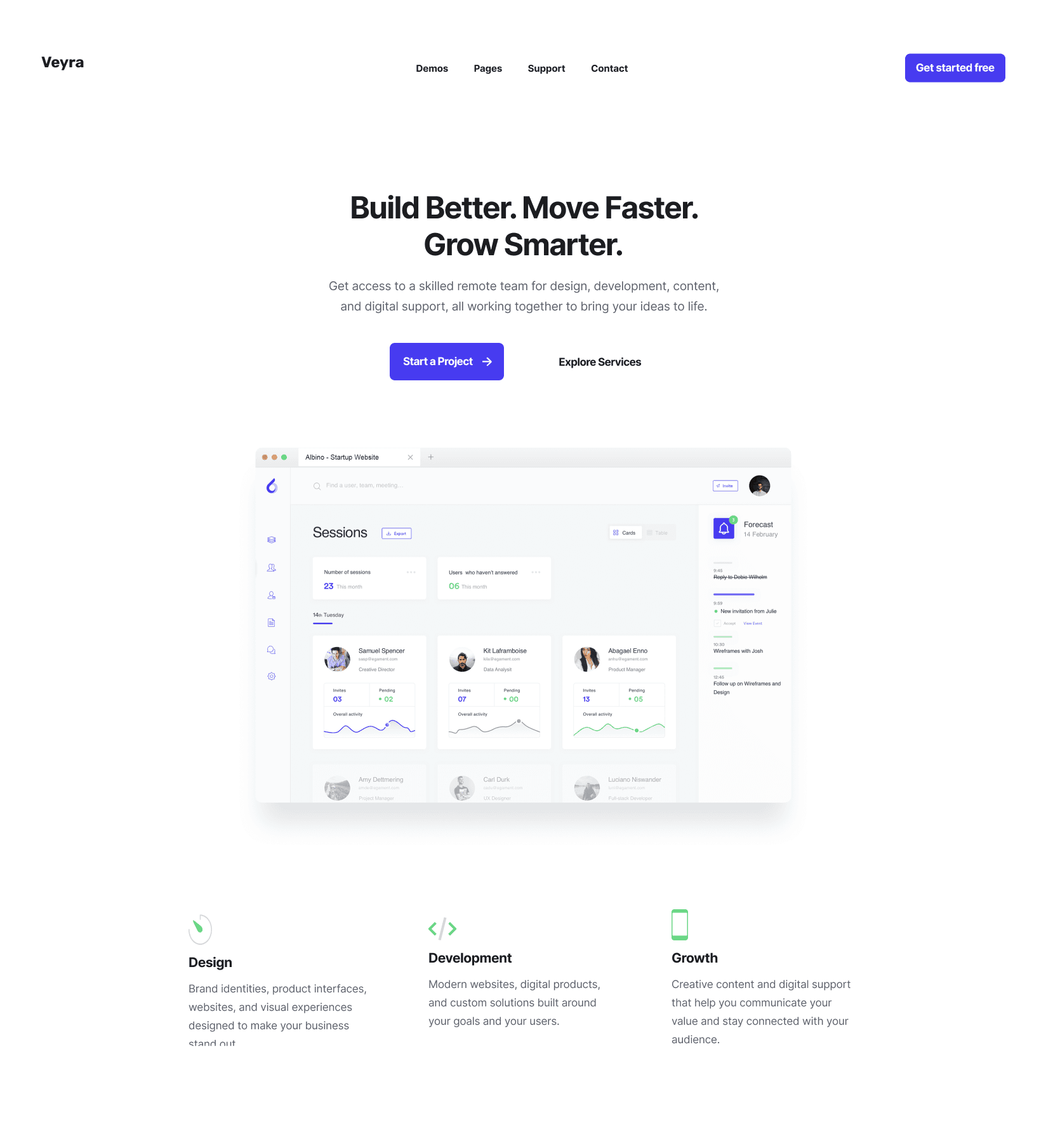 Veyra landing page — hero section with headline, subheadline, dual CTAs and dashboard preview
