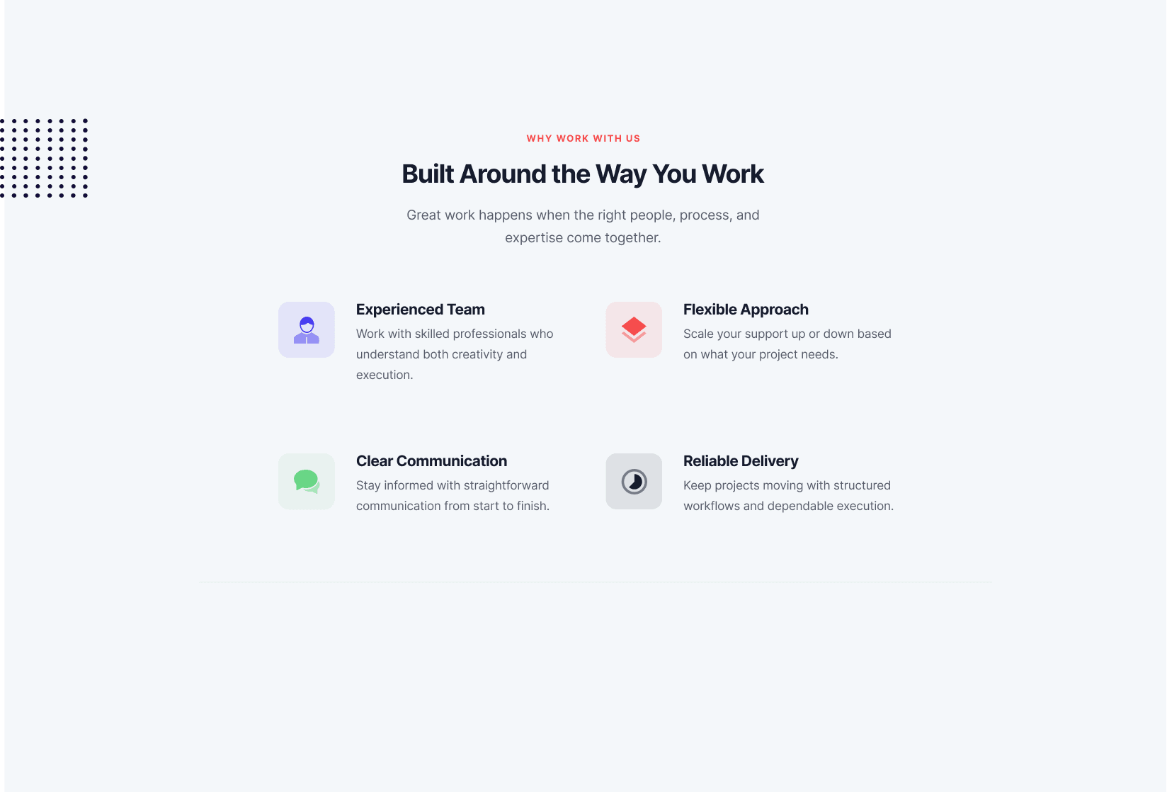 Veyra landing page — 2x2 Why Work With Us grid with pastel icon containers